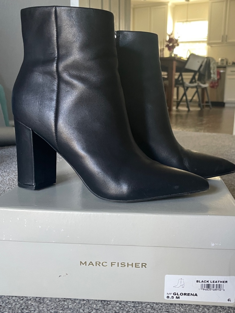Marc Fisher Black Leather Pointed Toe Block Heel Booties